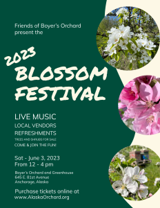 A flyer with green background and blossom photos. Announcing the Boyer's Orchard Spring 2023 Blossom Festival